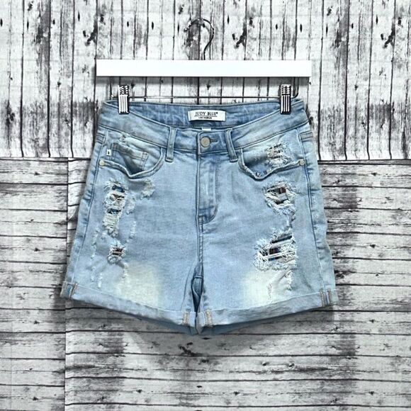 Judy Blue Wild Aztec Patches Cuffed Denim Shorts - Picture 1 of 8